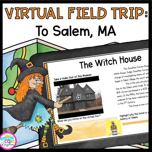 Virtual Field Trip to Salem Witch Trials cover showing digital google slides resource on a tablet