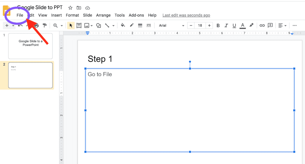 Screenshot of Google Slide being converted into Microsoft PowerPoint showing the File menu location