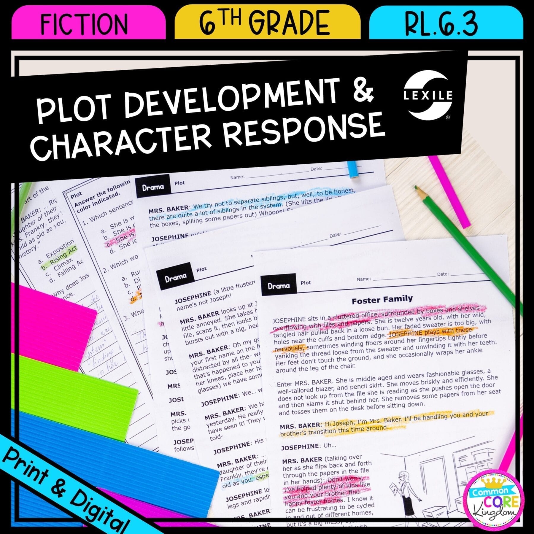 RL.6.3 Plot Development & Character Response cover showing three passage pages that can be printed or viewed digitally