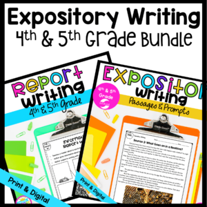Expository Writing Bundle cover for 4th & 5th Grade showing a passage and organizational chart available in printable and digital formats