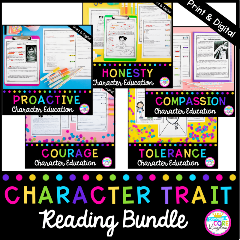 Character Trait Reading Bundle for 2nd - 5th Grades, showing all 5 product covers, available in printable and digital formats