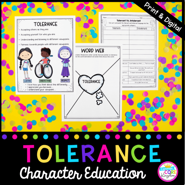 Tolerance Character Education cover showing 3 pages from the unit, available in printable and digital formats