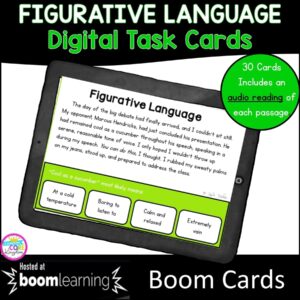 RL.5.4 figurative language boom card set for 4th and 5th grade focused on figurative language cover showing digital task cards