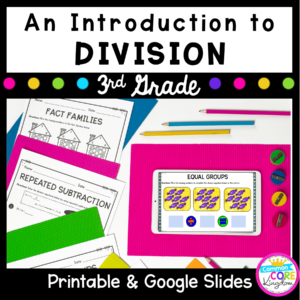 Introduction to Division cover for 3rd grade showing printable and digital worksheets