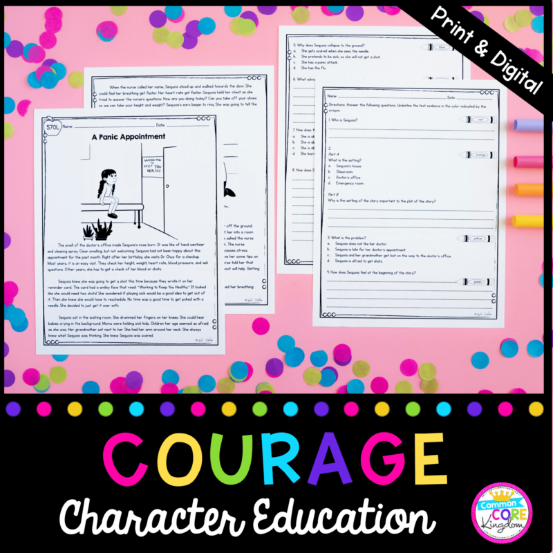 Courage Character Education cover for 2nd - 5th grades, showing two passage pages and two question pages, all available in printable and digital formats