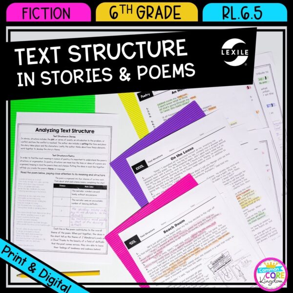 RL.6.5 Text Structure in Stories and Poems cover showing a worksheet and 3 passage sheets available in printable and digital formats
