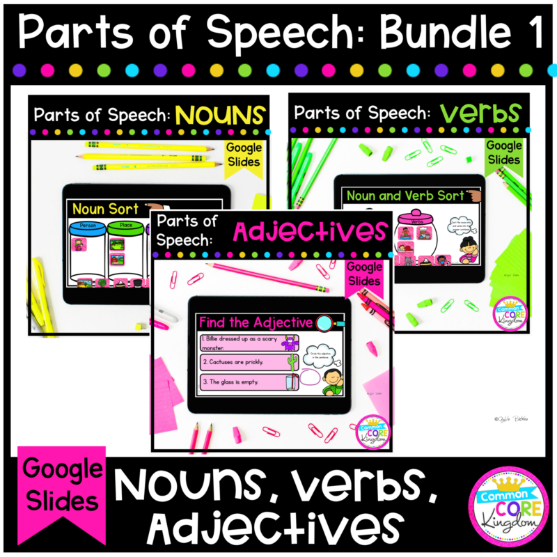 Parts of Speech Bundle Cover for 2nd & 3rd Grade - showing covers for individual products of nouns, verbs, and adjectives