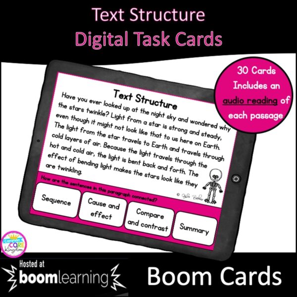 Nonfiction Text Structure Digital Task Cards for 3rd Grade showing a digital slide