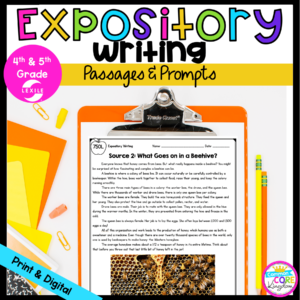 Expository Writing: Passages and Prompts for 4th & 5th Grade cover showing a reading passage available in digital and printable formats