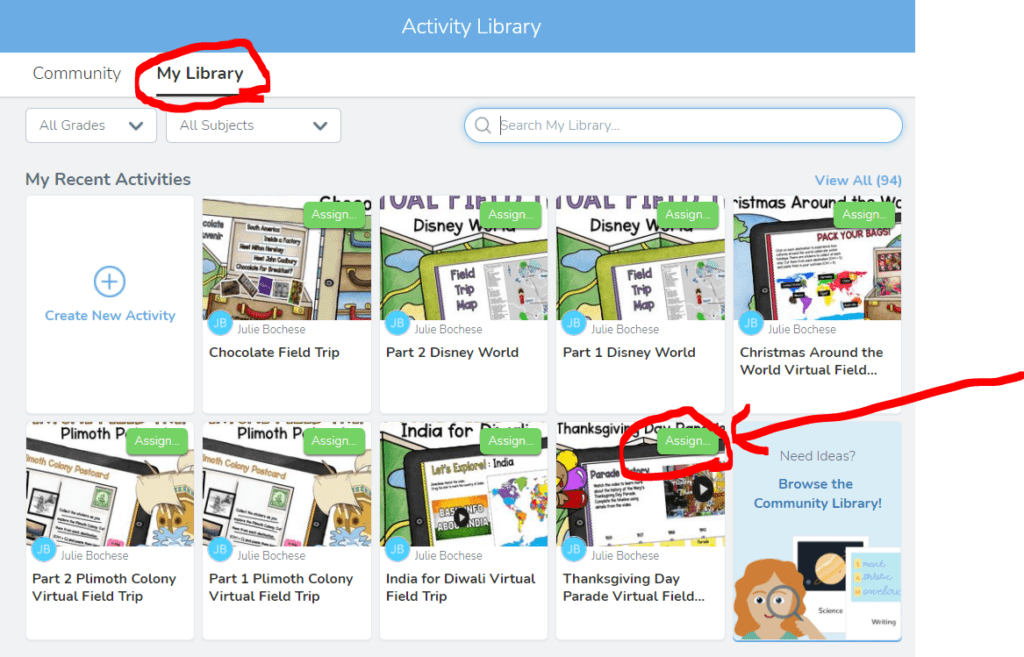 My library page in seesaw where teachers can assign tasks