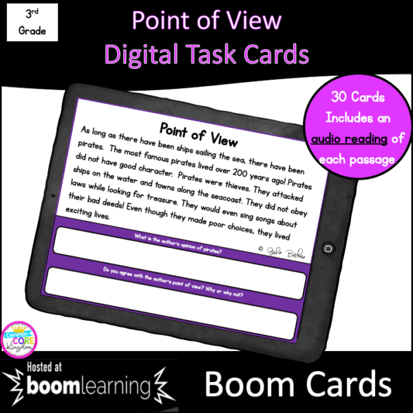 Point of View skill digital task cards for 3rd grade showing a boom card on a tablet