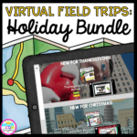 Virtual Field Trips: Holiday Bundle Cover for 2nd - 5th graders, showing snippets from the Thanksgiving and Christmas products