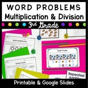 Word Problems Multiplication and Division cover for 3rd grade showing printable and digital math worksheets
