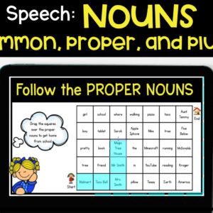 Nouns: common, proper, and plural cover for 2nd and 3rd grade, showing a digital activity for proper nouns
