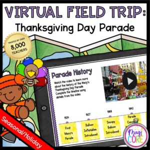 Virtual Field Trip to Thanksgiving Day Parade cover showing kid holding balloons and example Google Slide