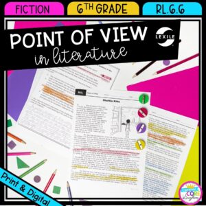 Point of View cover for 6th grade literature showing 3 passage pages with highlighted textual evidence