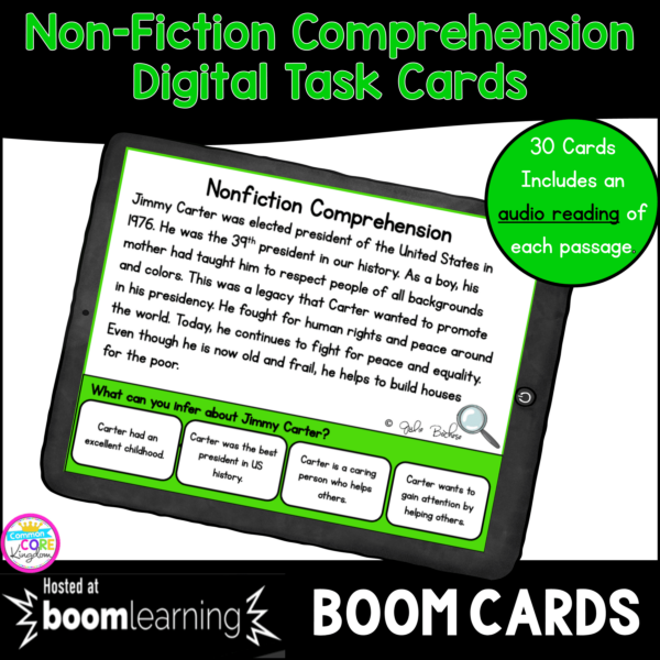 RI.4.10 & RI.5.10 Nonfiction Comprehension Digital Boom Task Card cover showing a google slide with a passage and multiple choice question