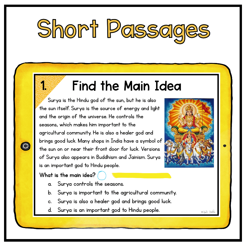 Digital escape room slide showing reading comprehension question focused on Main Idea skills on yellow tablet