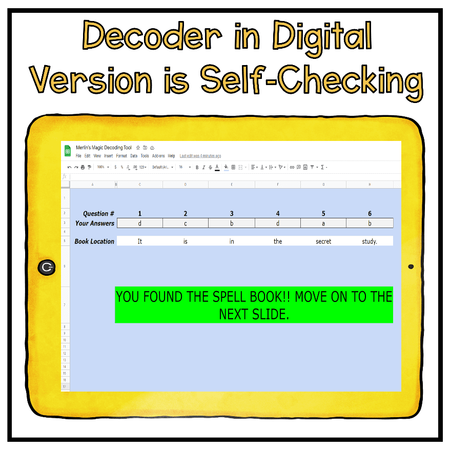 Screen shot of digital escape room reading resource decoding tool on a yellow tablet