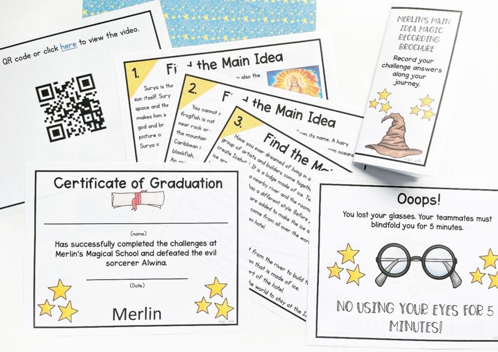 Printable main idea escape room showing qr codes, reading comprehension passages, oops cards, and answer key