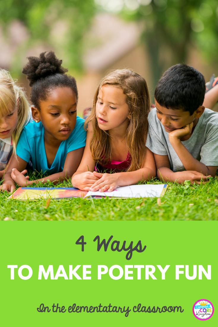Four Ways to Make Poetry Fun blog post cover showing children reading poetry in spring