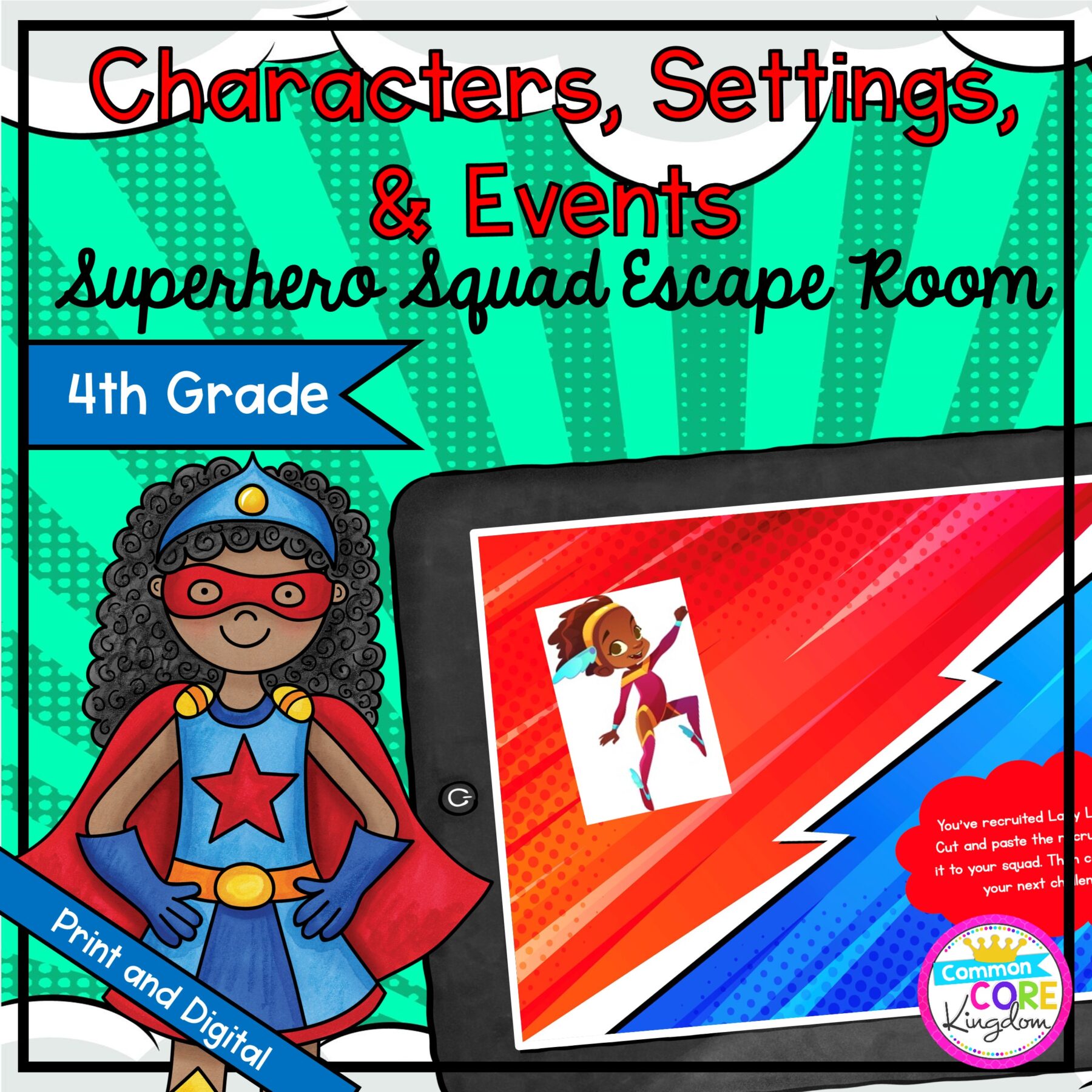Characters, Settings, & Events Hero Escape Room - Google Slides & Printable 4th