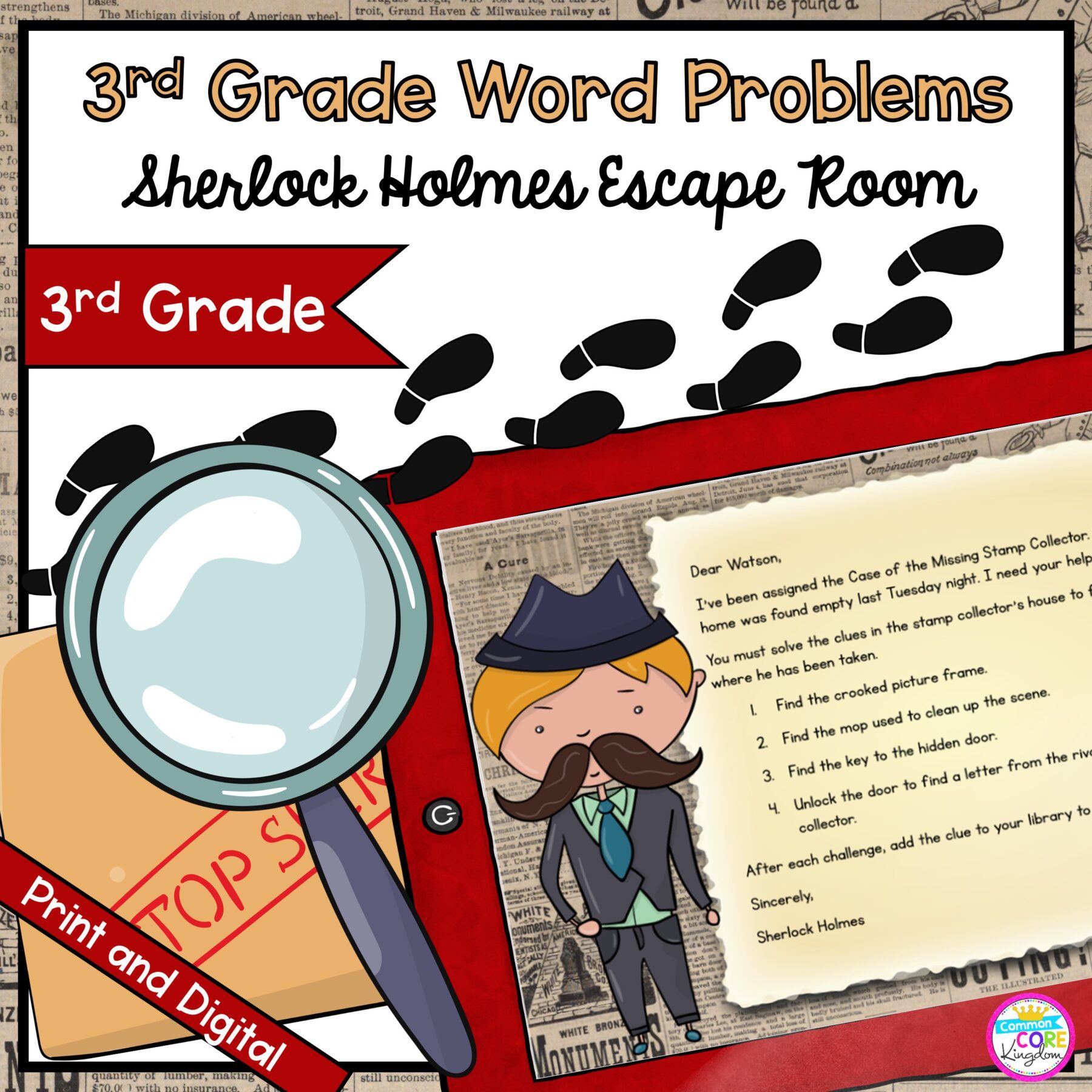 Sherlock Holmes Math Word Problem Escape Room 3rd Grade in Google Slides & Printable Format