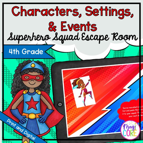 Characters, Settings, & Events Hero Escape Room - Google Slides & Printable 4th