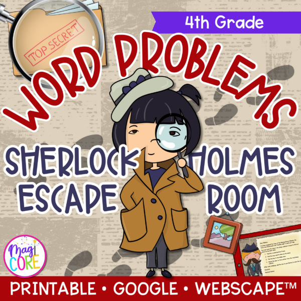 Word Problems Sherlock Holmes Math Escape Room & Webscape™ - 4th Grade