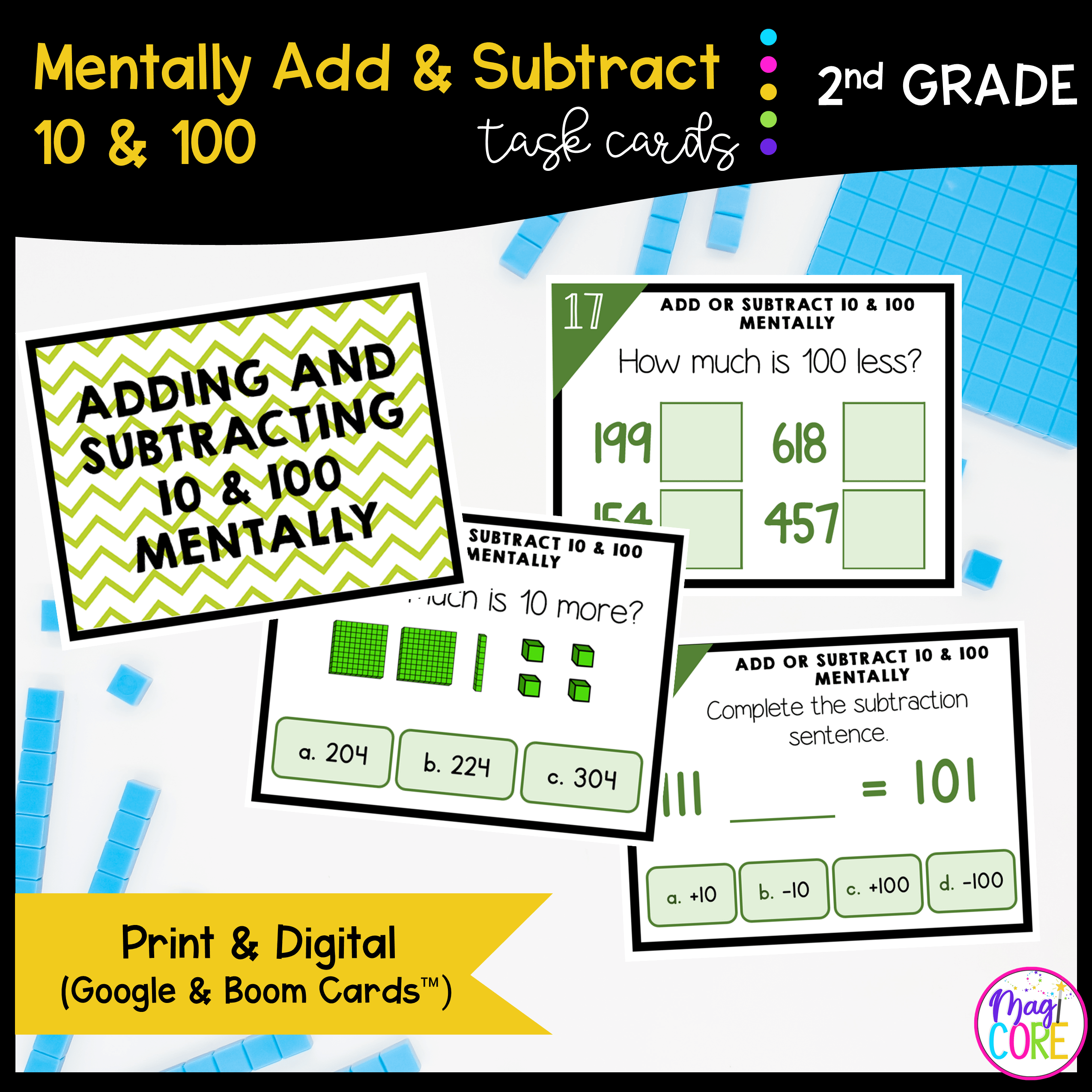 Add & Subtract 10 & 100 - 2nd Grade Task Cards - Print & Digital - 2.NBT.B.8