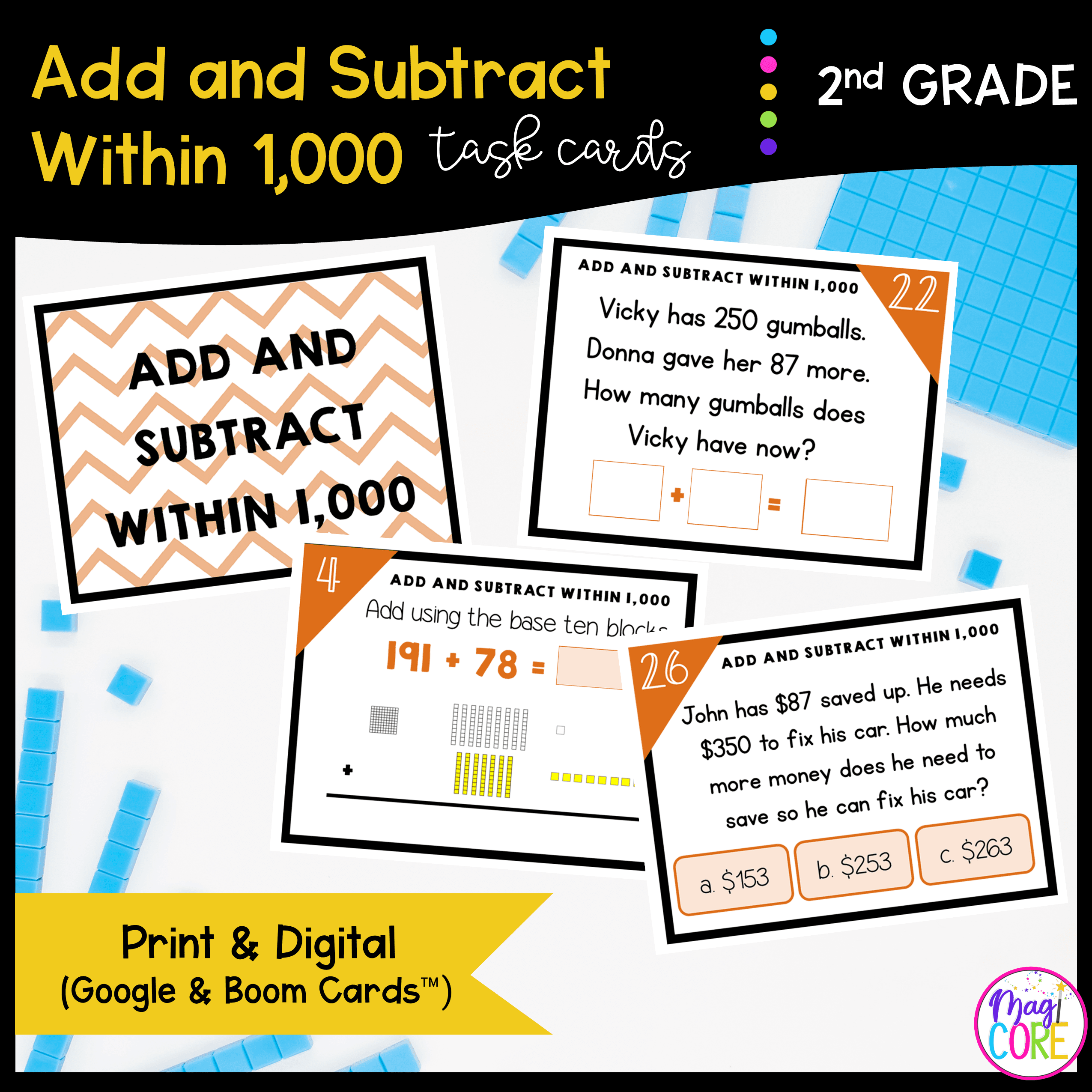 Add & Subtract Within 1000 - 2nd Grade Task Cards - Print & Digital - 2.NBT.B.7