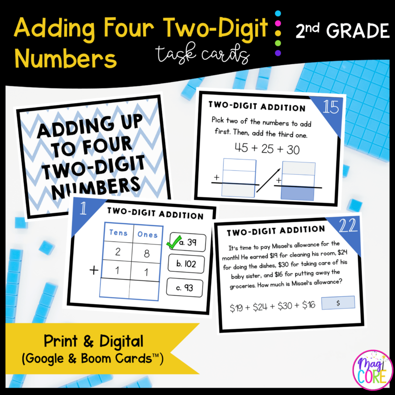Add Four Two-Digit Numbers - 2nd Grade Task Cards - Print & Digital - 2.NBT.B.6