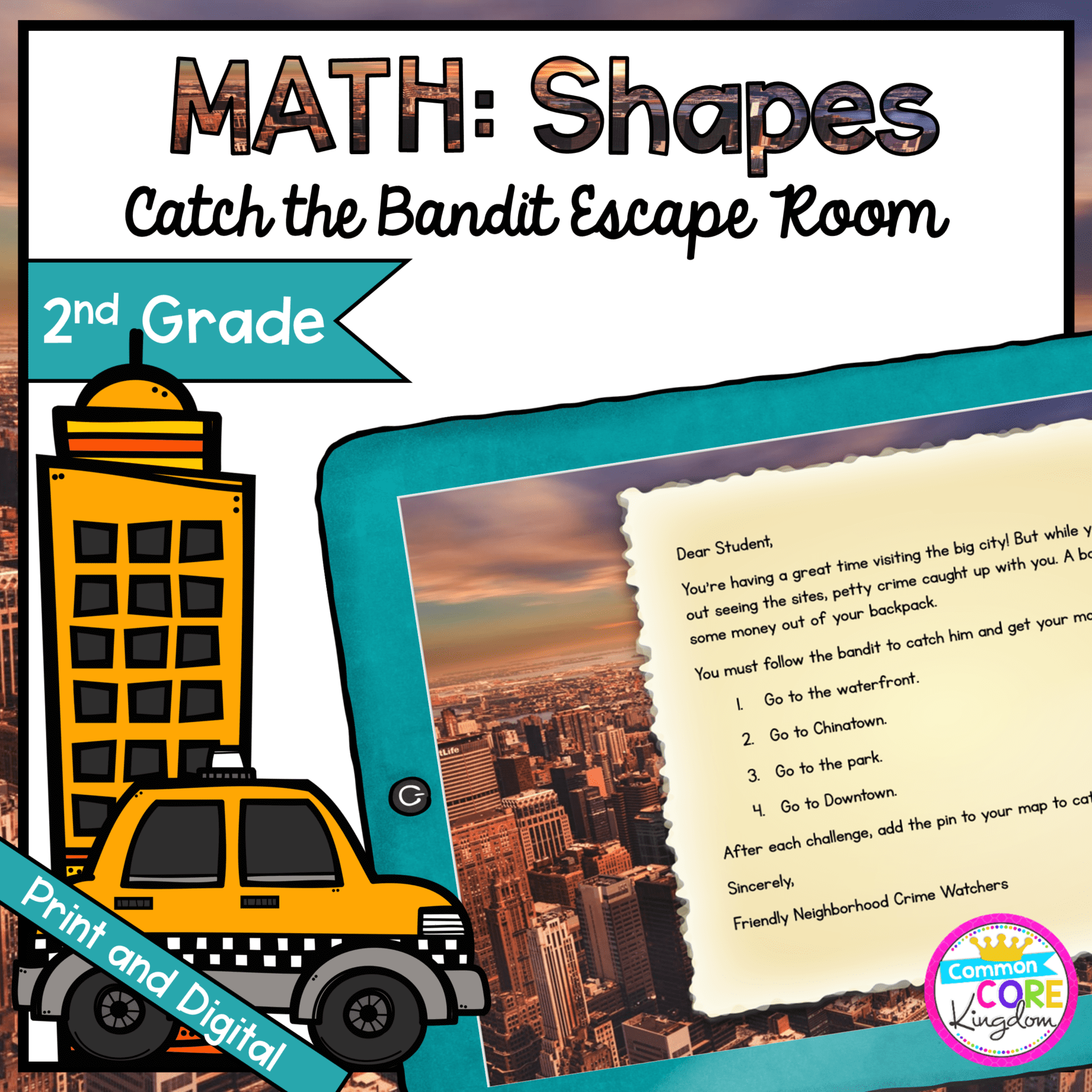 Catch the Bandit Geometry Escape Room for 2nd Grade in Google Slides & Printable Format