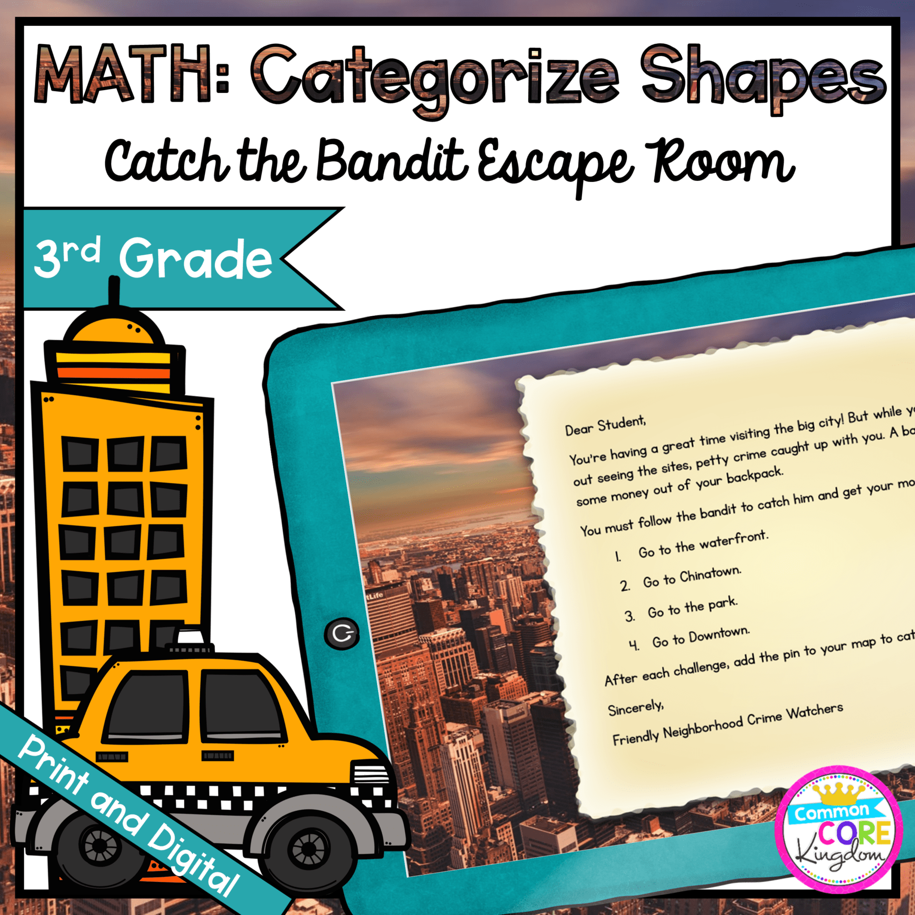 Catch the Bandit Geometry Escape Room for 3rd Grade in Google Slides & Printable Format