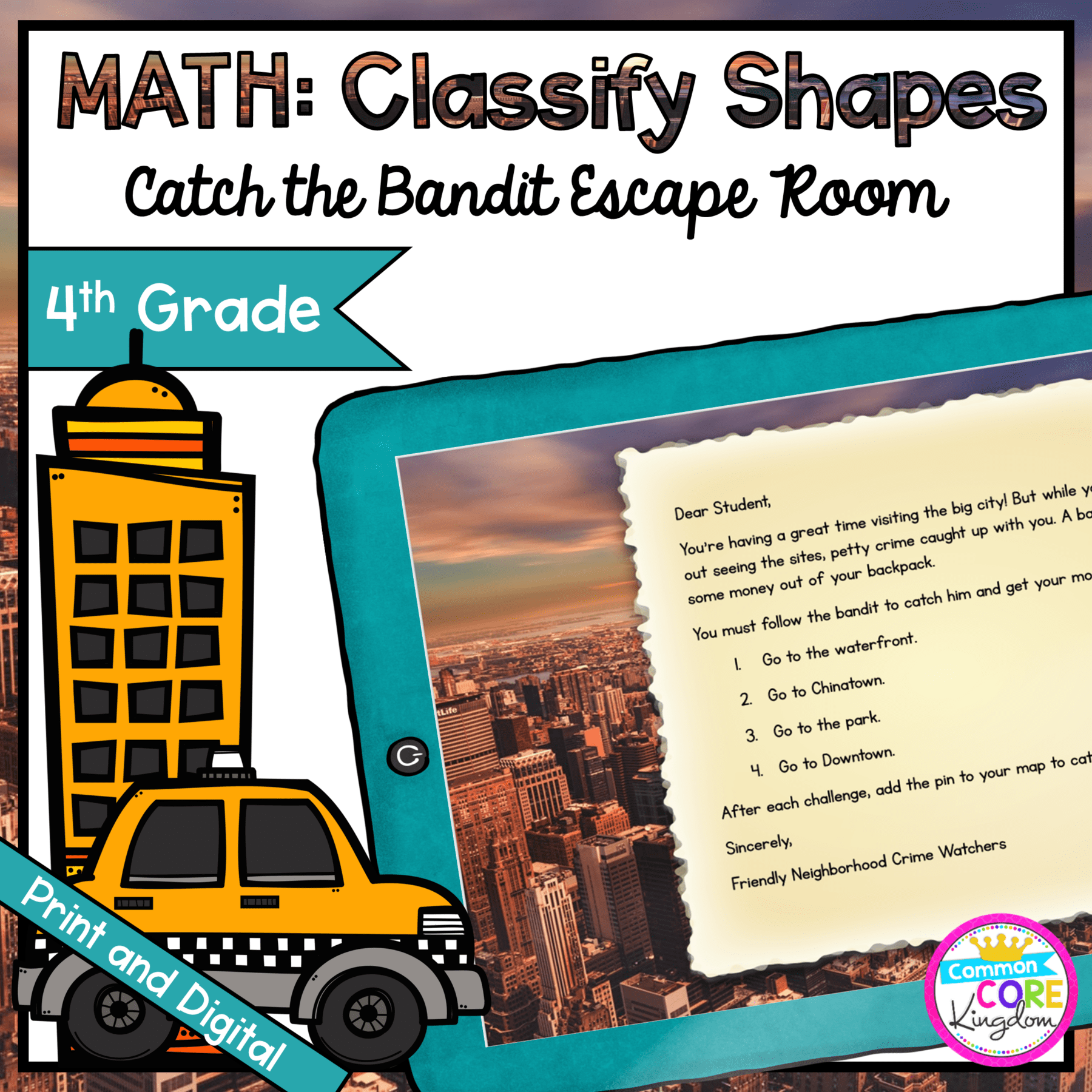 Catch the Bandit Geometry Escape Room for 4th Grade in Google Slides & Printable Format