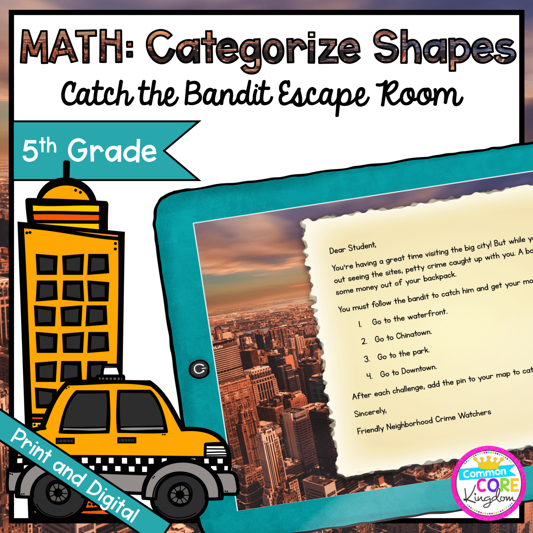 Catch the Bandit Geometry Escape Room for 5th Grade in Google Slides & Printable Format
