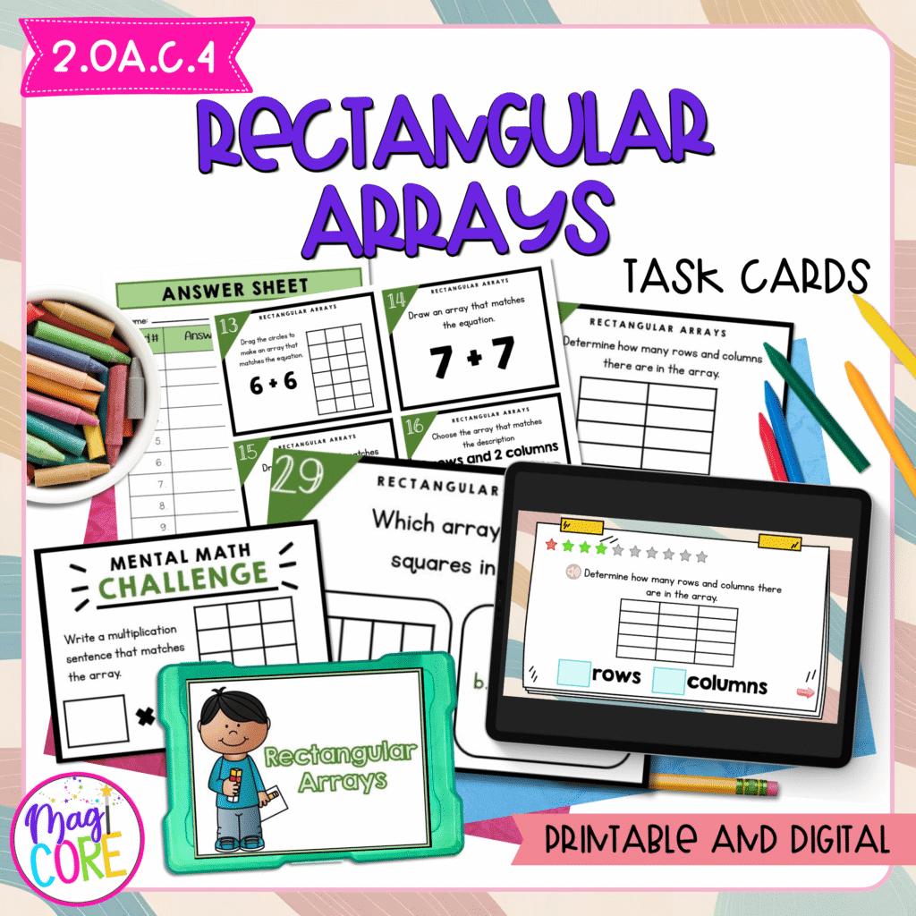 Rectangular Arrays Task Cards - 2nd Grade - 2.OA.C.4 | MagiCore