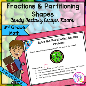 Fractions & Partitioning Shapes - 3rd Grade Candy Escape Room - Digital & Print