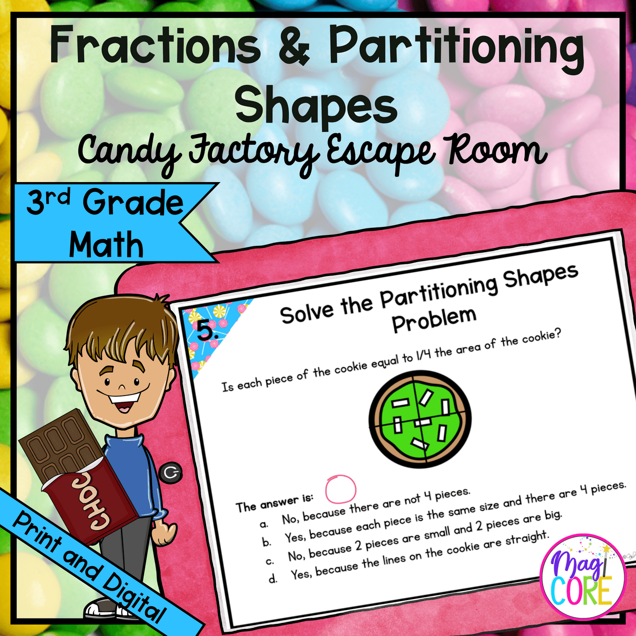 Fractions & Partitioning Shapes - 3rd Grade Candy Escape Room - Digital & Print