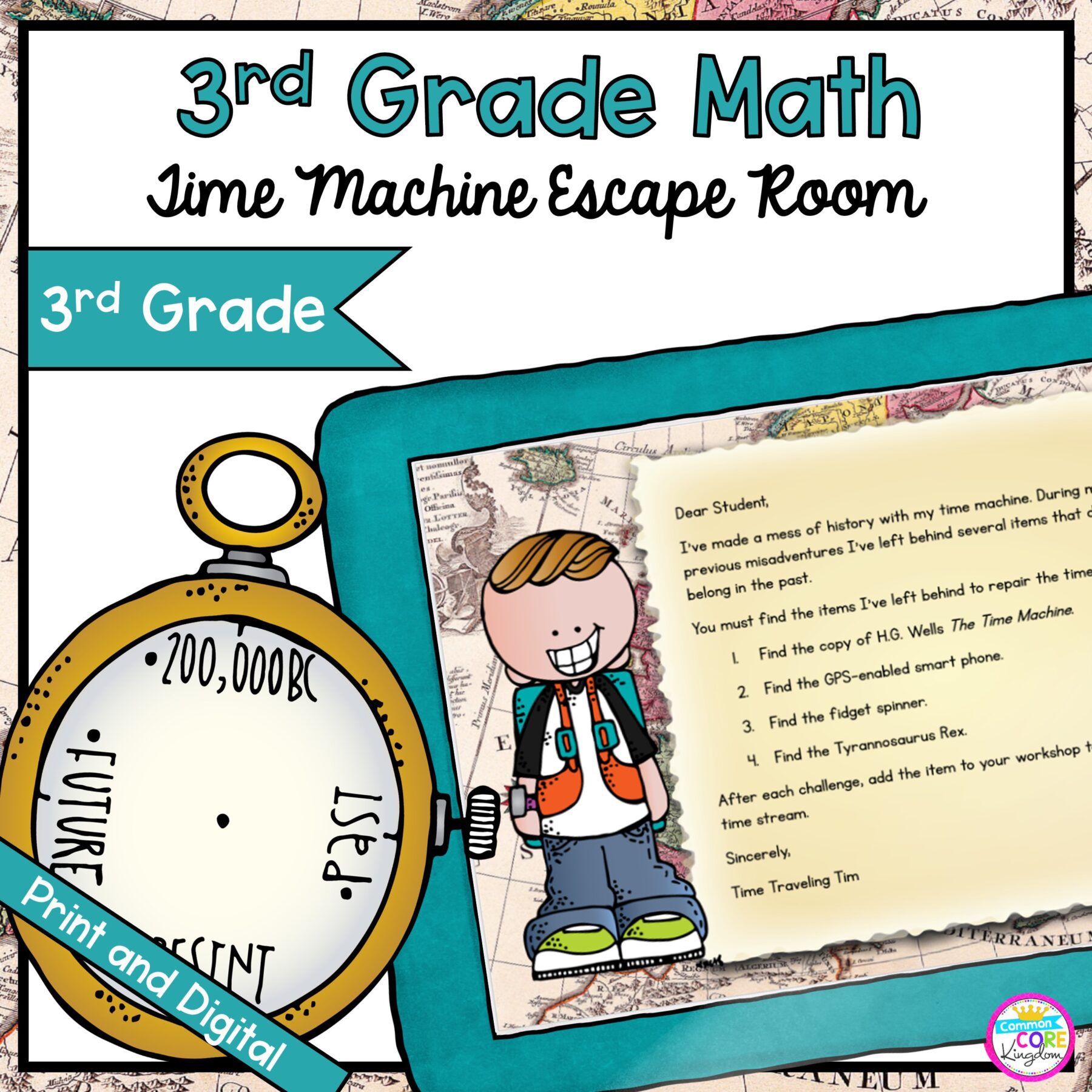 Time Machine Math Time Problems Escape Room for 3rd Grade in Google Slides & Printable Format