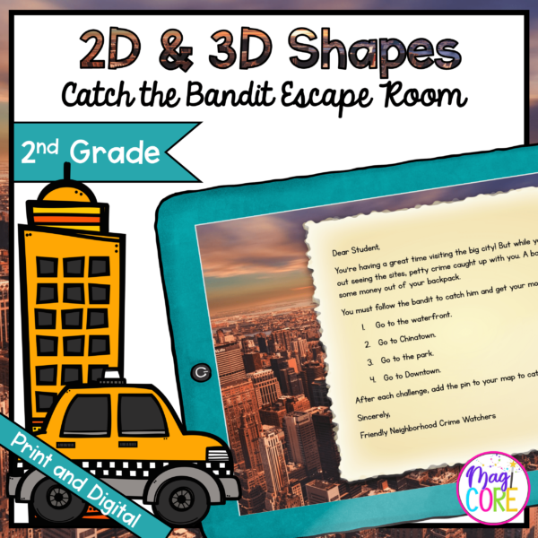 Geometry 2D & 3D Shapes - Bandit Math Escape Room & Webscape™ - 2nd Grade