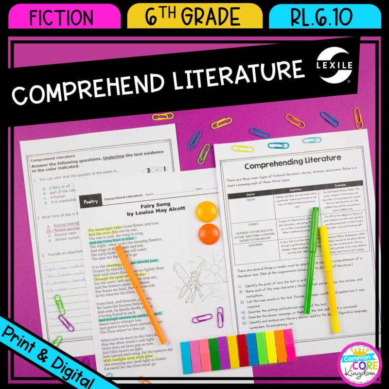 Comprehend Literature for 6th Grade RL.6.10 in Printable & Digital Format