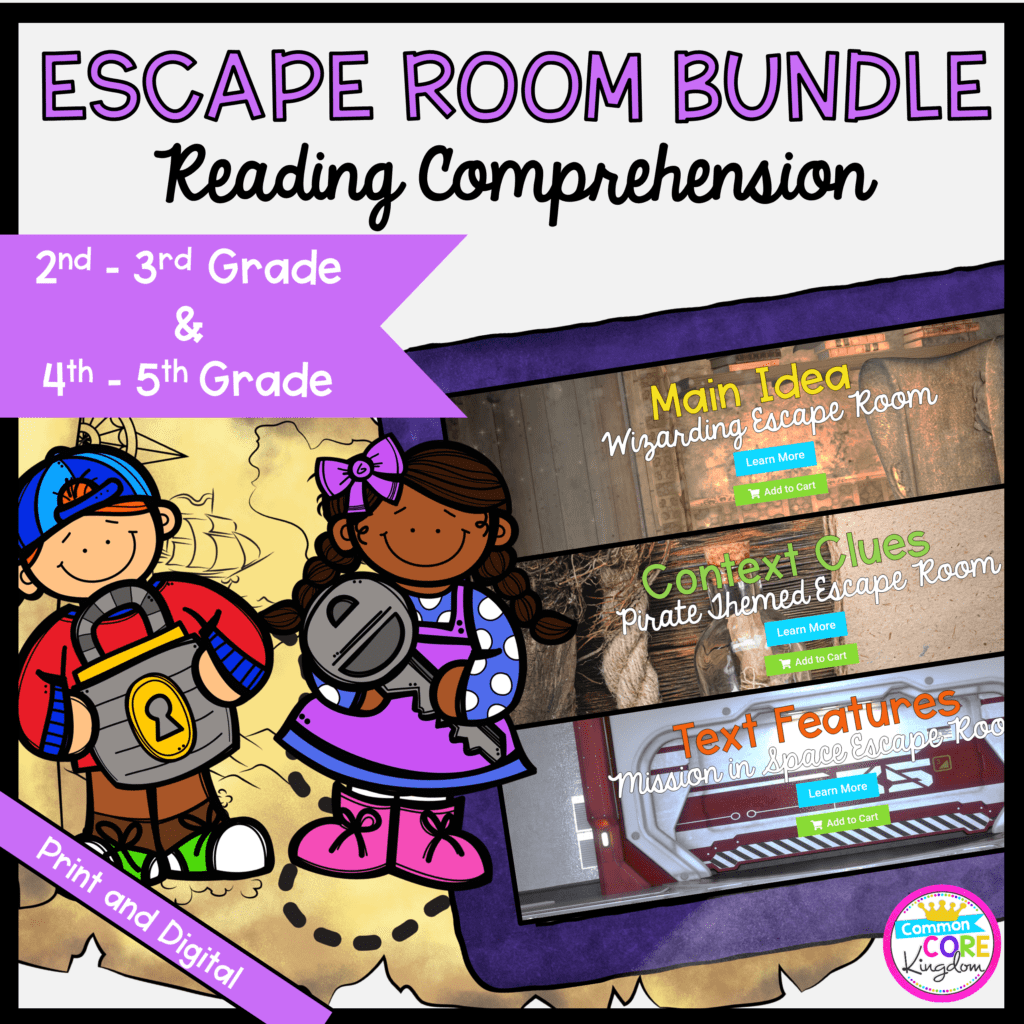 Reading Comprehension Escape Room Bundle cover showing teaching resource created for end of the year review of key skills