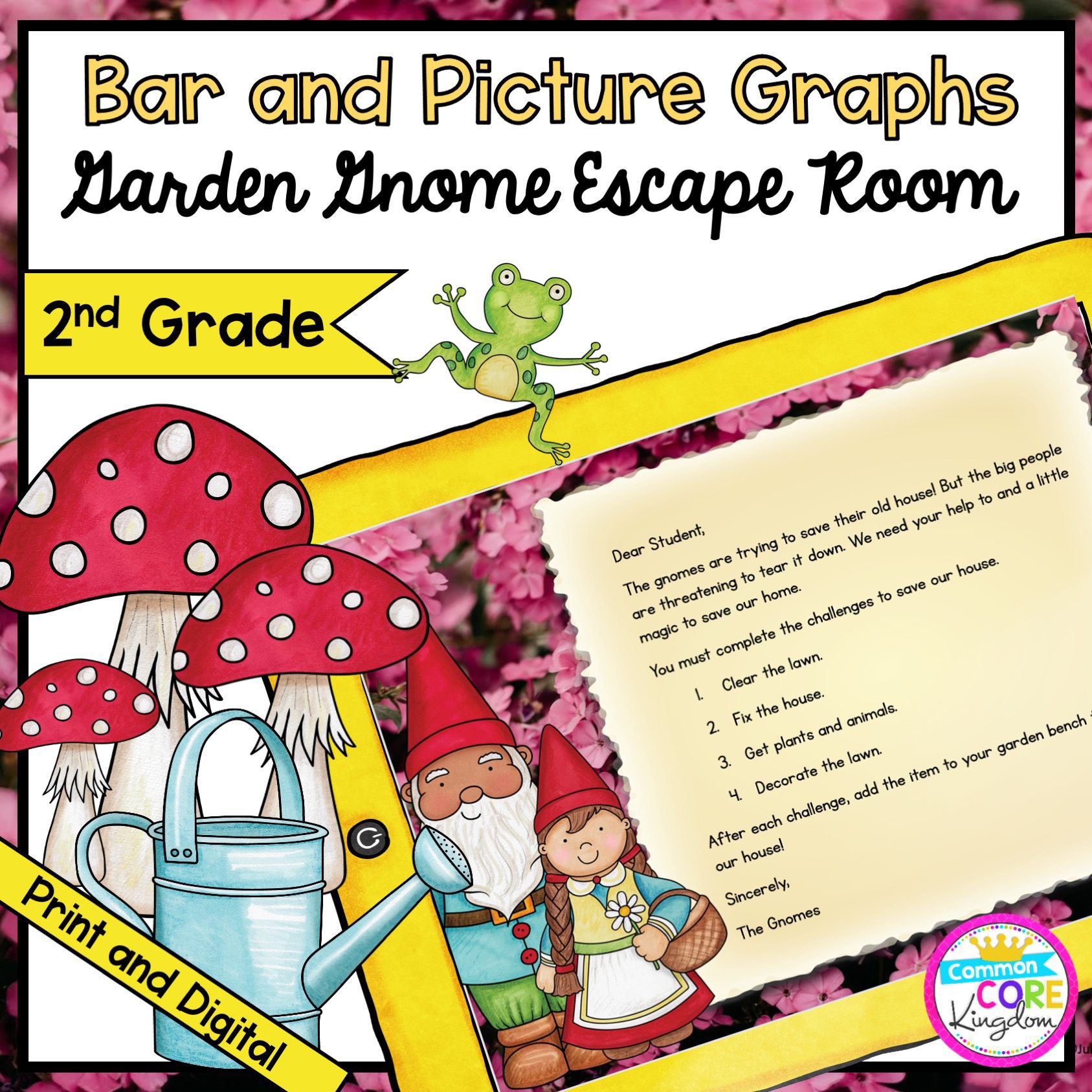 2nd Grade Bar & Picture Graphs - Garden Gnome Escape Room in Digital & Printable Format