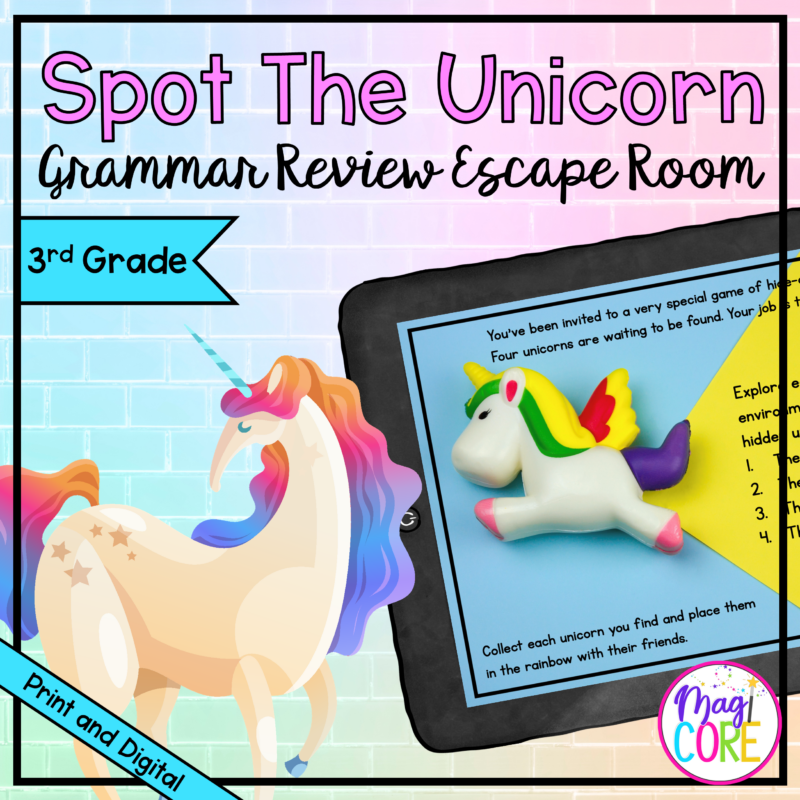 Spot the Unicorn Grammar Review Escape Room & Webscape™ - 3rd Grade