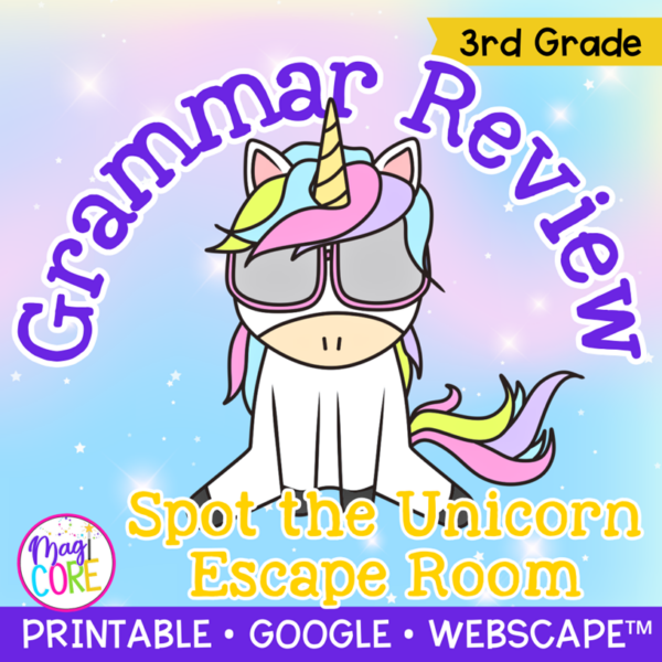 Spot the Unicorn Grammar Review Escape Room & Webscape™ - 3rd Grade Activity