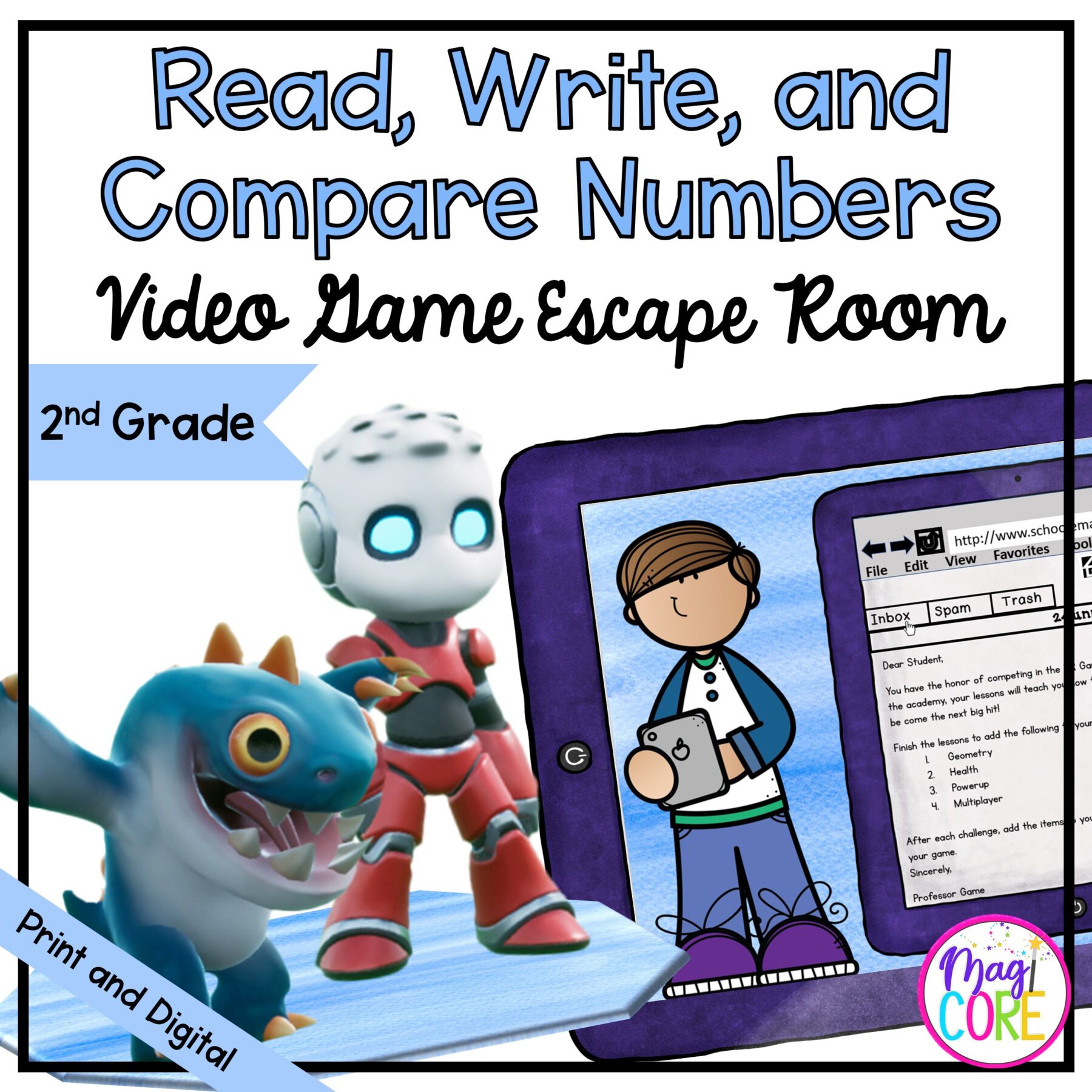 Read & Write Numbers Video Game Escape Room - 2nd Grade Math - Digital & Print
