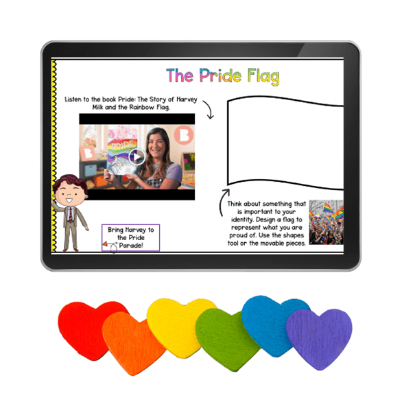 Tablet showing an image of a woman holding an LGBTQ+ inclusive book with text that says The Pride Flag and colorful hearts under it.