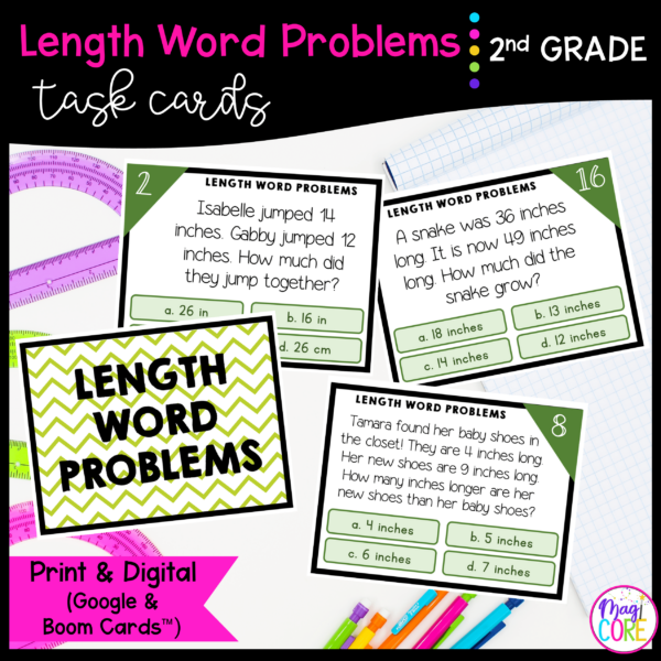 Length Word Problems - 2nd Grade Math Task Cards - Print & Digital - 2.MD.B.5