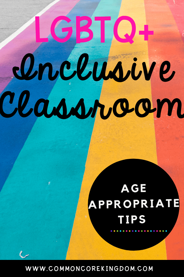Rainbow colors with text saying LGBTQ+ inclusive Classrrom with age appropiate resources to teach pride in the classroom